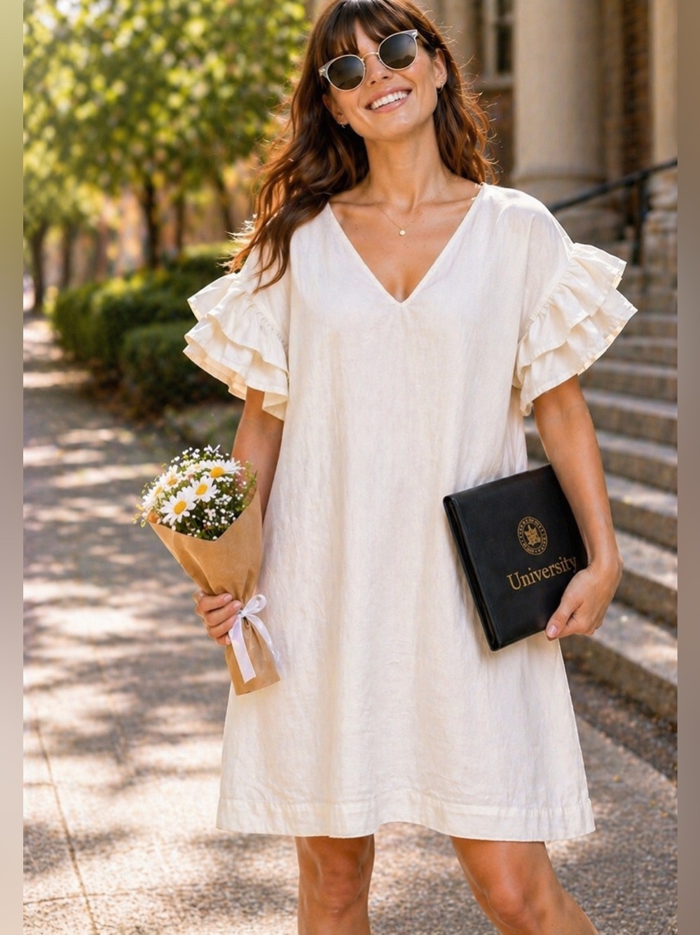 Maeve Anthropologie White Linen Dress Ruffle Sleeve Graduation Bridal shower S